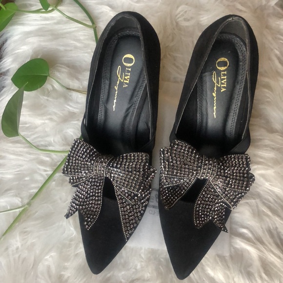Olivia Jaymes Gorgeous Black Faux Suede Pumps with Rhinestone Bow Design! Sz 8.5 - Picture 4 of 9